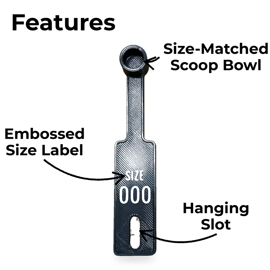 Capsule scoop features: size-matched scoop bowl, embossed size label, hanging slot