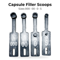 Capsule filler scoops in sizes 000, 00, 0 and 5 on a white background