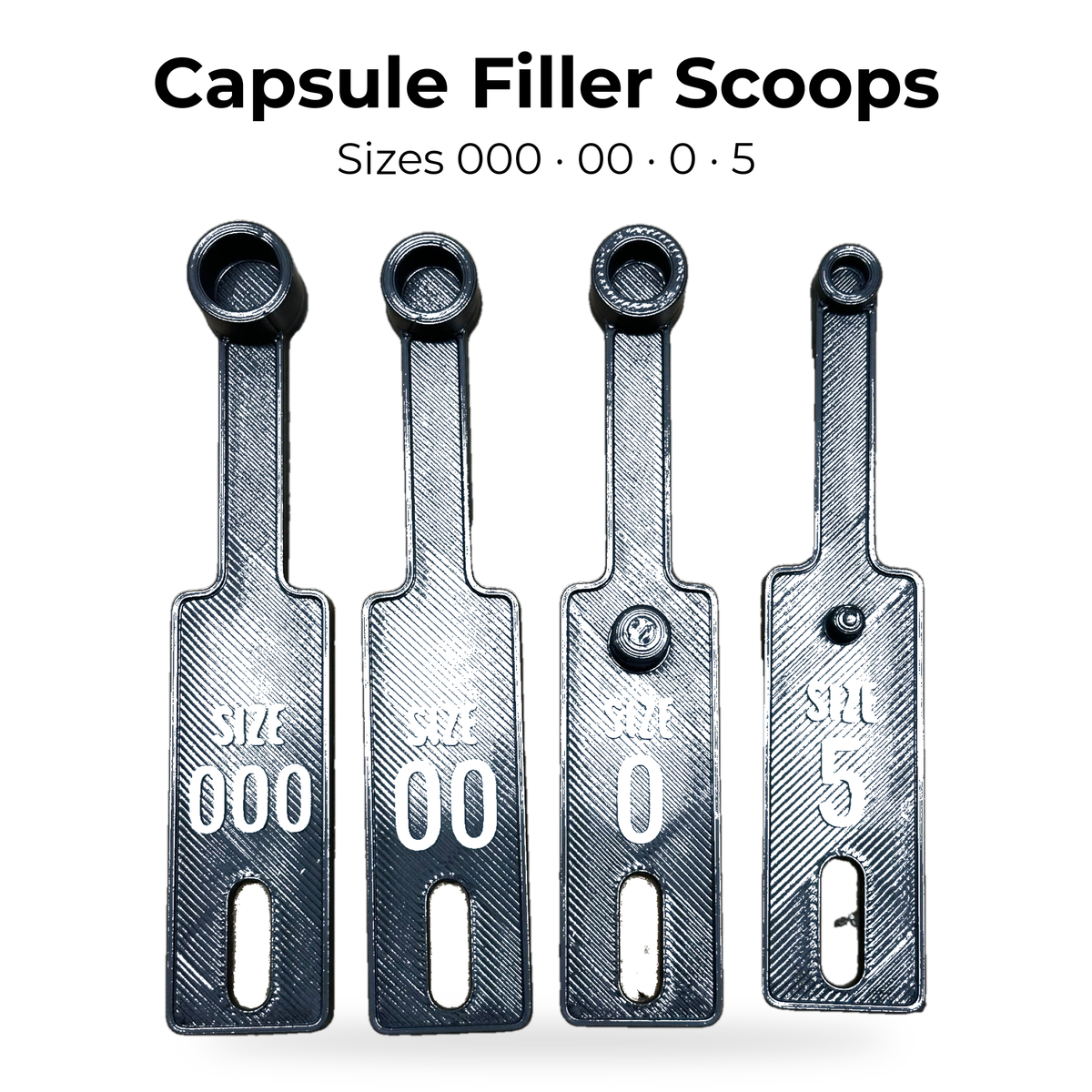 Capsule filler scoops in sizes 000, 00, 0 and 5 on a white background