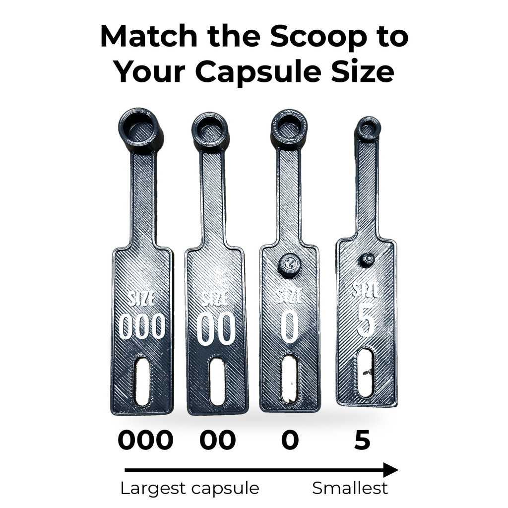 Capsule scoop size guide: match the scoop to your capsule size, 000 largest to 5 smallest